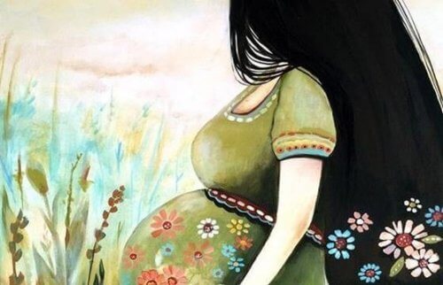 siyah saçlı çiçekli elbiseli hamile kadın karikatürü