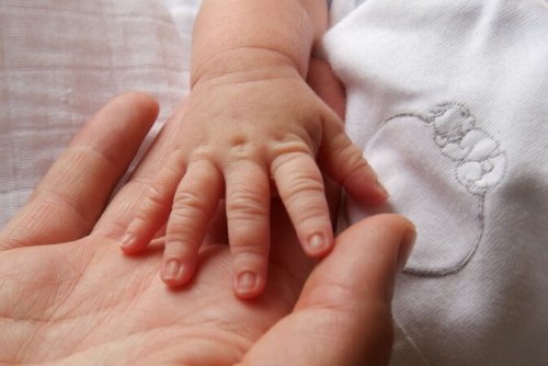 Elini annesinin eline koymuş bebek