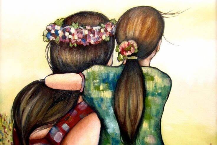 çiçekli anne ve kız