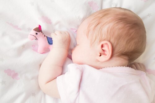 elinde oyuncağıyla uyuyan bebek