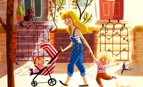 bebekleriyle gezen anne