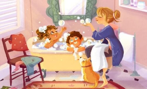 banyo yapan cocuklar ve anneleri