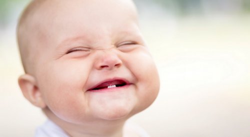 yeni çıkan dişlerle gülümseyen bebek 