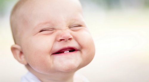 yeni çıkan dişlerle gülümseyen bebek