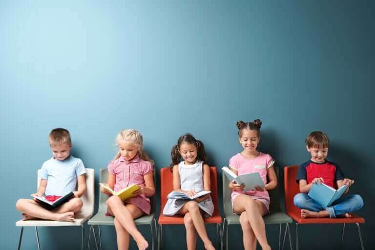 Duvar önünde dizilmiş oturarak kitap okuyan çocuklar