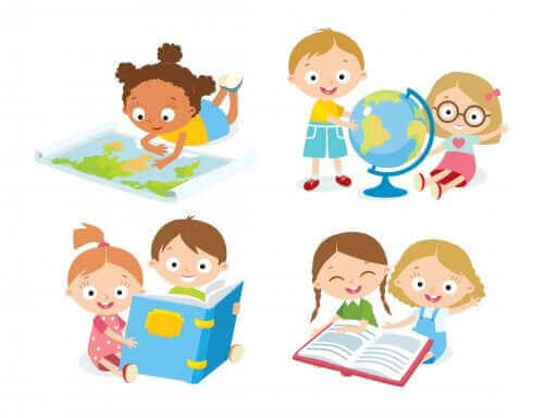 kürelere ve atlaslara bakan çocuklar