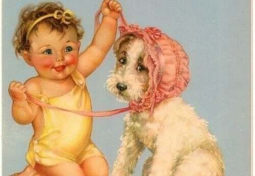 köpekle oynayan bebek