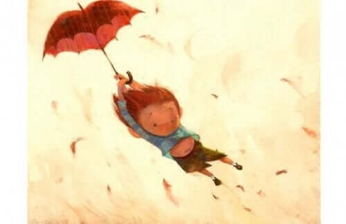 şemsiyeyle havalanan bir çocuk