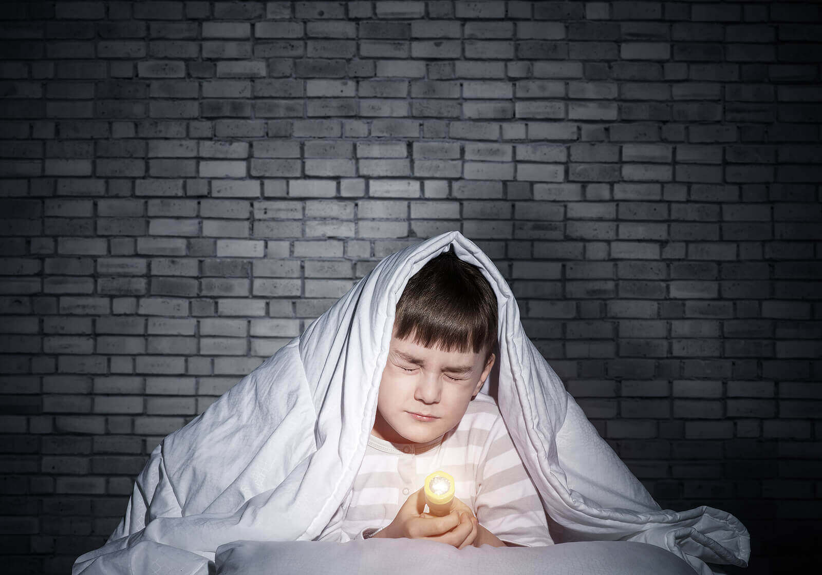 Karanlıktan korktuğu için battaniye altında fenerle oturan çocuk