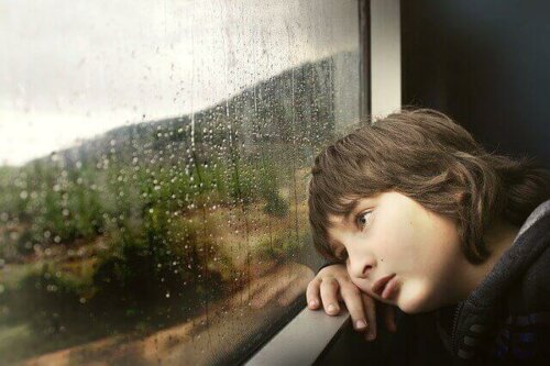 Camdan dışarıya bakan bir çocuk.