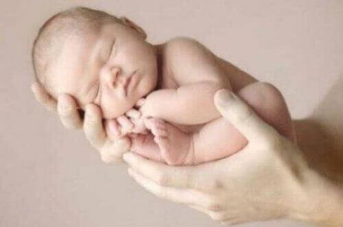 Ebeveyninin elinde tuttuğu yeni doğmuş uyuyan bebek